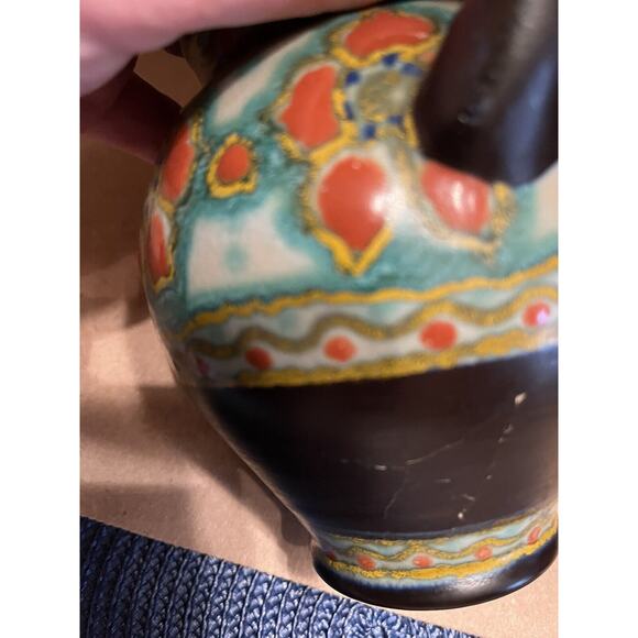 Gouda Holland Art Pottery Borne Orange Blue Ceramic Double Handle Pot 1848 - Picture 7 of 9